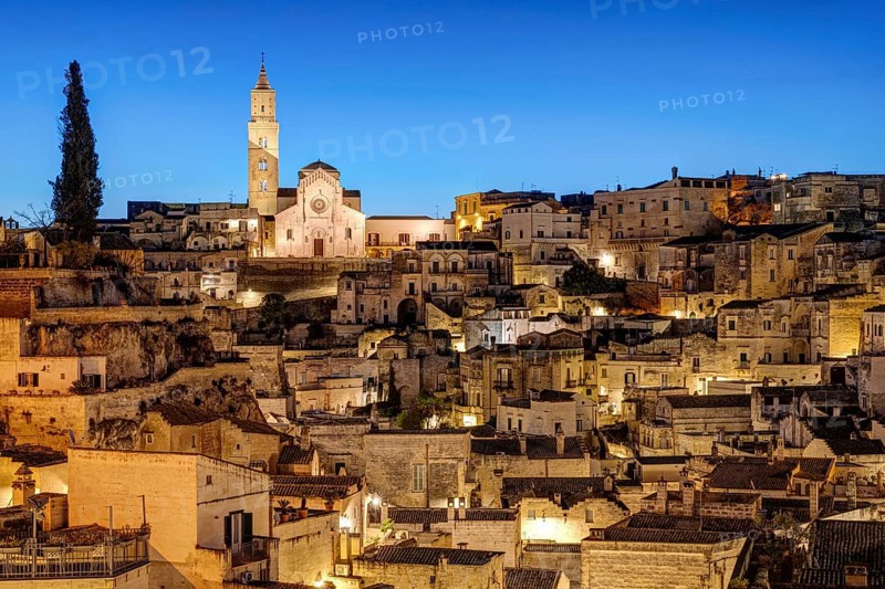 The Sasso Caveoso in Matera, southern Italy, at dusk