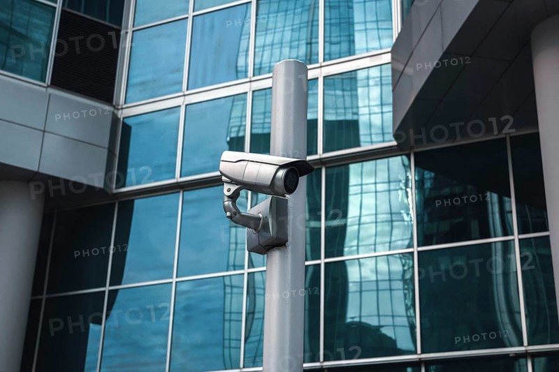 External surveillance camera against glass building facade