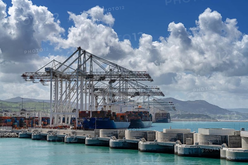 Tangier, Morocco, 1 April, 2024: container ships being unloaded and loaded at Tanger Med port in Morocco, Africa