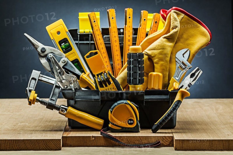 Toolbox with many building tools on wooden boards