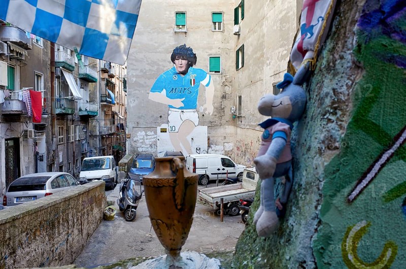 Naples Campania Italy. Made on the occasion of the second Scudetto of Napoli, in the 1990, the mural of Maradona is located in the Quartieri Spagnoli and has been restored in the 2016 thanks to the contributions of the citizens of the area. Quartieri Sp