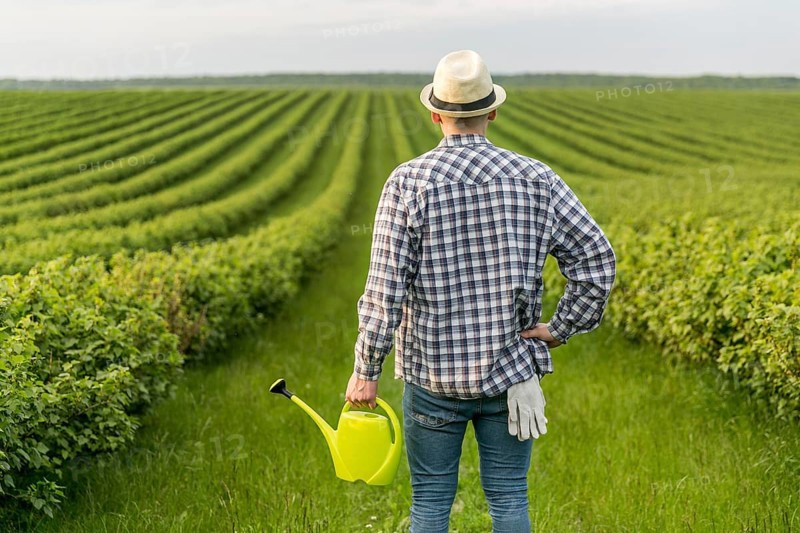 Man farmland with watering can