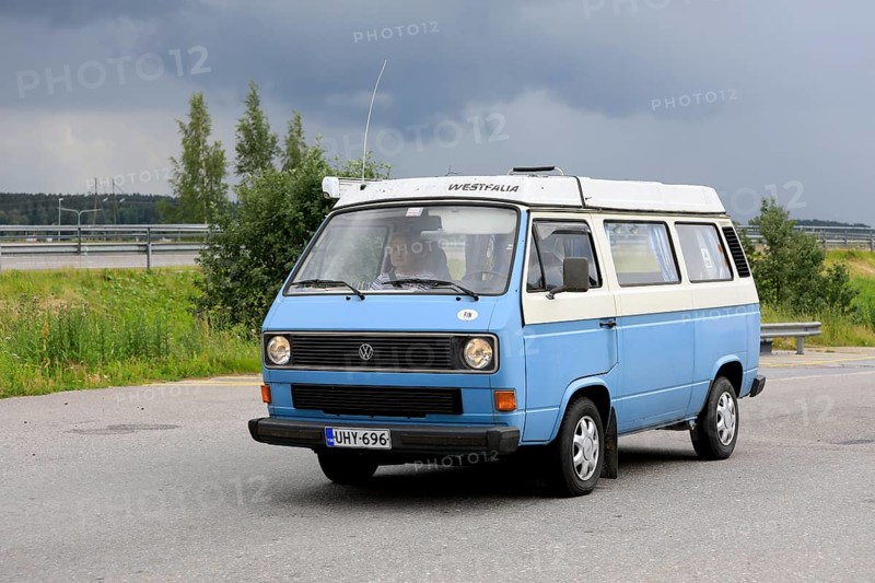 Blue Volkswagen Type 3 Westfalia camper van. The 3rd generation of VW Transporter was manufactured 1979-91 in Germany. Salo, Finland. June 25, 2021