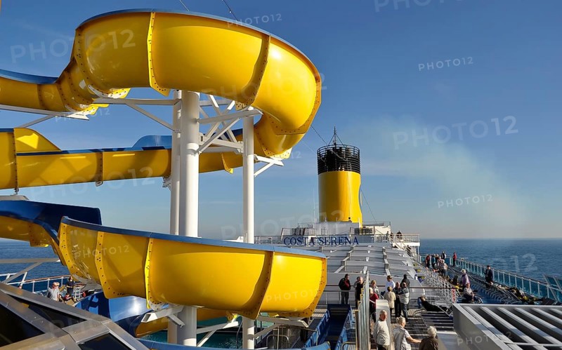 On deck of the cruise ship Costa Serena, deck chairs, sun deck, ship's funnel