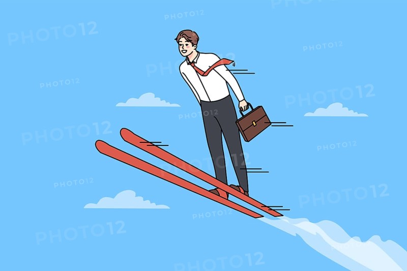 Businessman on ski jump high achieve work success or goals. Smiling man employee or worker strive for career promotion of job progress. Achievement concept. illustration