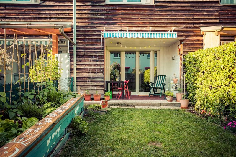 Little garden with green grass and flowers for having good times, summertime