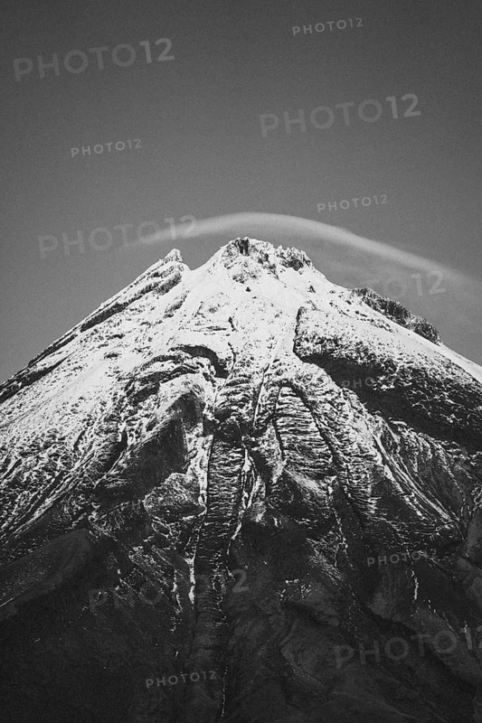 Black and white close-up of a snow-covered mountain peak, Mount Taranaki, New Zealand, Oceania