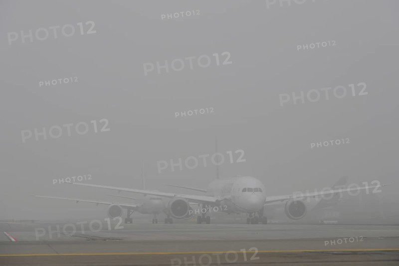 Taxiing aeroplanes in the fog, traffic, Apron 2 East, Terminal 2, Munich Airport, Upper Bavaria, Bavaria, Germany, Europe