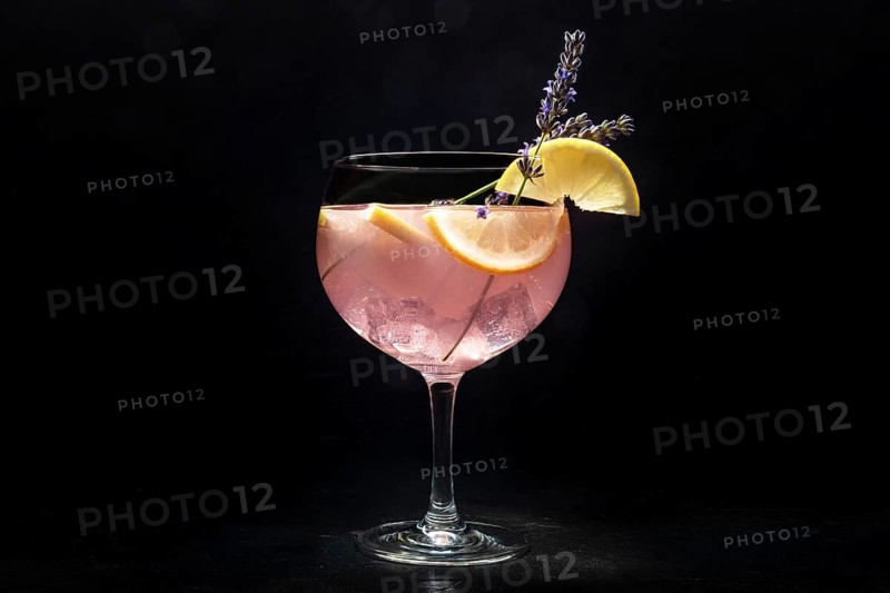 Fancy cocktail with fresh fruit. Gin and tonic drink with ice at a party, on a black background. Alcohol with lavender and lemon, Food photography