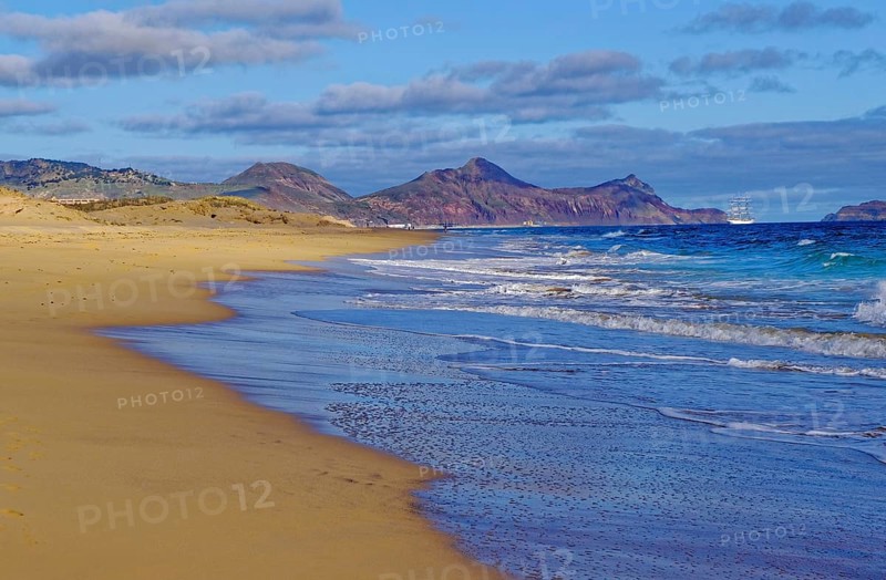 Beach, sand, sea, waves, ship, south coast, Atlantic Ocean, Porto Santo, Madeira Island