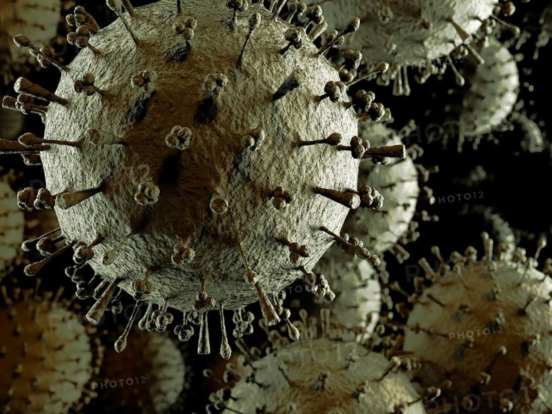 Flu virus H1N1 H5N1 influenza A virus particles, virions. Conceptual 3D illustration of spreading virus Swine flu, avian flu, canine flu, equine flu epidemic