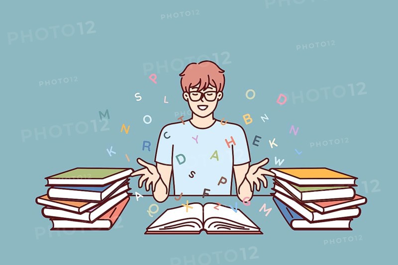 Boy student reads books and gets new knowledge from classical literature or professional textbooks. Teenage bookworm sits at table with books and, closing eyes, imagines flying letters