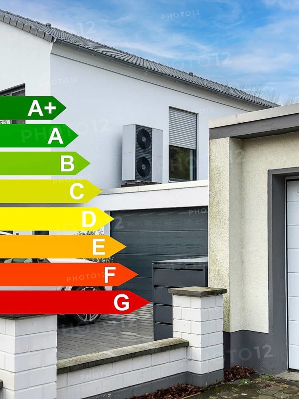Energy efficiency classes, heat pumps on the garage roof of a detached house in Hilden, Germany, Europe