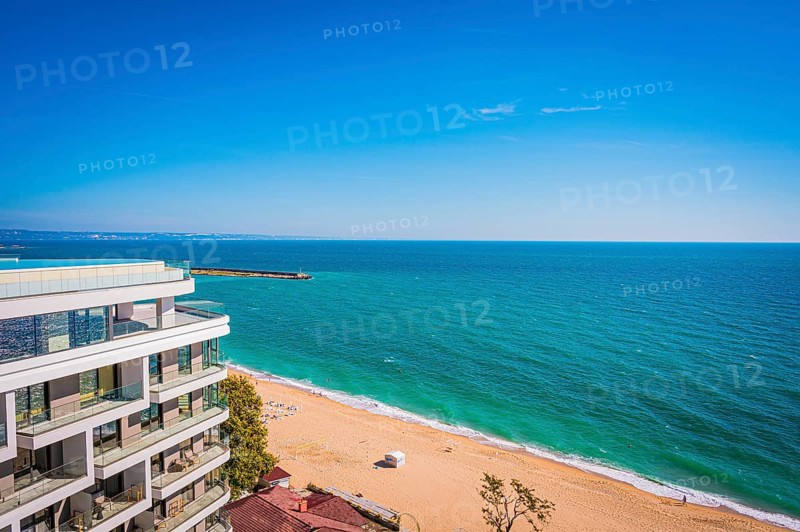View from a hotel onto the endless golden beach on the blue (black) sea, Golden Sands, Varna, Bulgaria, Europe