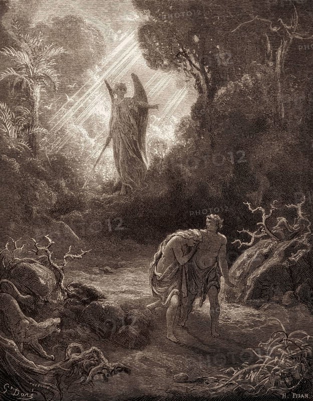 Adam and Eve are driven out of Eden, Old Testament, woodcut by Gustave Doré