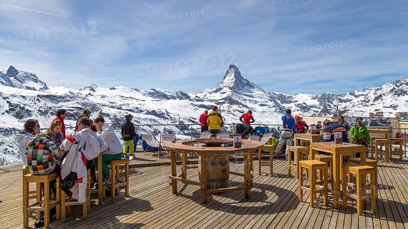 Zermatt, Switzerland, April 12, 2017: People in a bar and restaurant in the Matterhorn skiing area, Europe