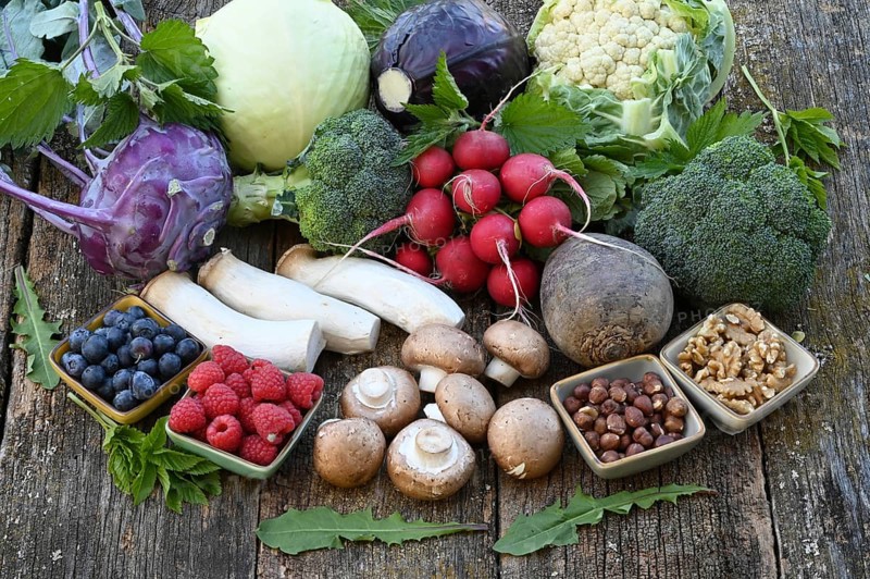 Healthy food, berries, cabbage, radishes, king oyster mushrooms, raspberries, nuts, blueberries, mushrooms
