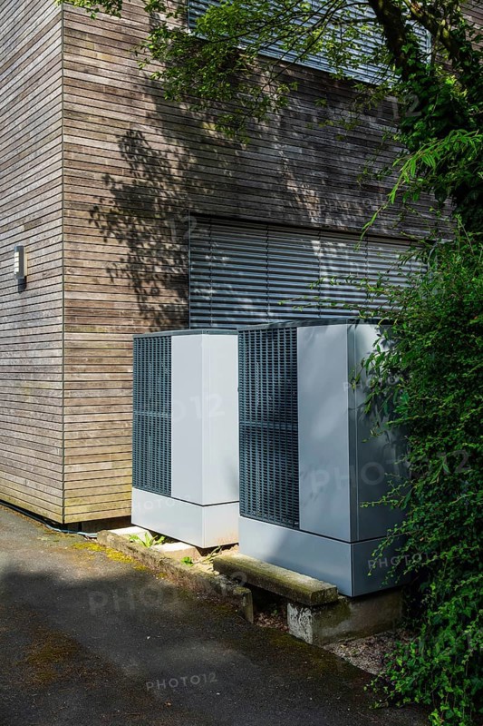Two heat pumps in front of a house in Düsseldorf, Germany, Europe