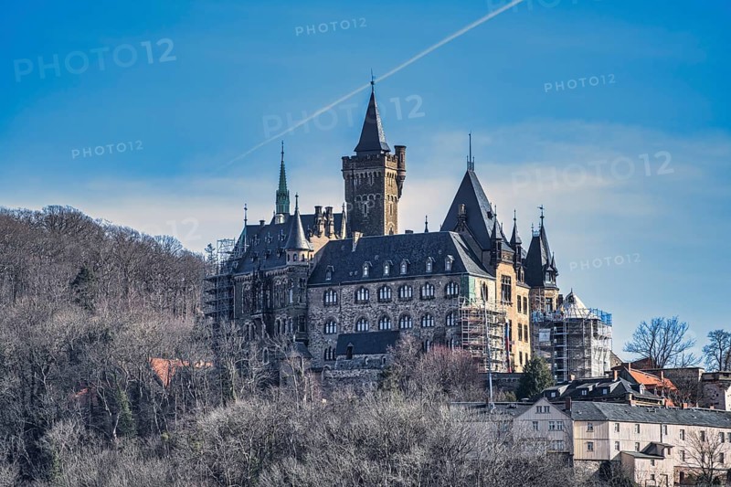 A view of the castle in Wernigerode under a blue sky