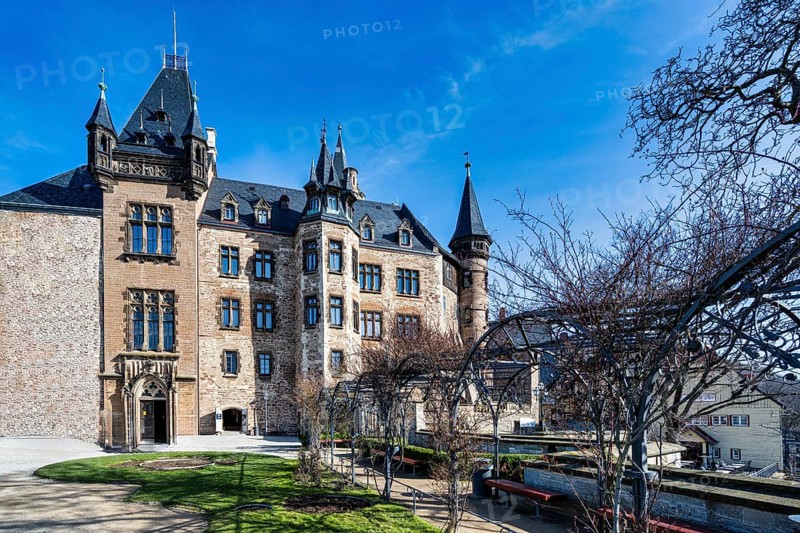 A view of the castle in Wernigerode under a blue sky