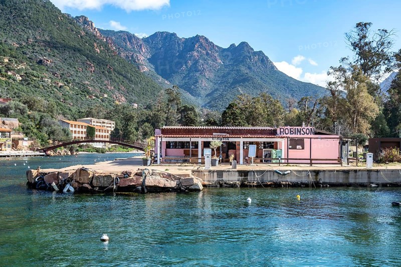 The harbour restaurant Robinson in Porto-Marina at the mouth of the river Porto in the World Heritage Gulf of Porto, Porto, Ota, west coast of Corsica, Corsica, France, Europe