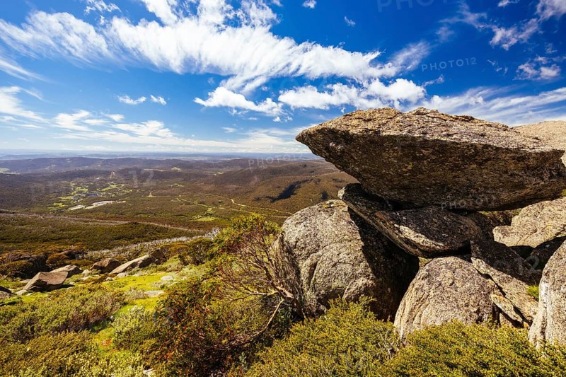 Landscape views at the summit of Porcupine Rocks on the Porcupine Walking Track on a summer's day in Kosciuszko National Park, Snowy Mountains, New South Wales, Australia, Oceania
