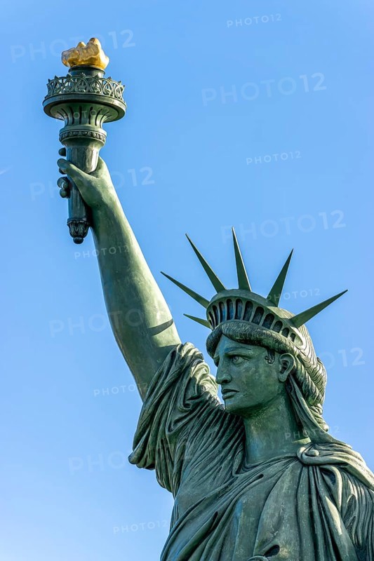 Detail replica of the Statue of Liberty by Frédéric Auguste Bartholdi at the roundabout in the Rte de Strasbourg, Colmar, Alsace, Département Bas-Rhin, France, Europe