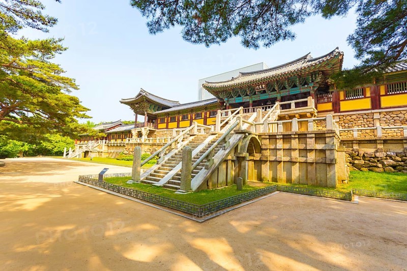 Blue Cloud and White Cloud Bridges, Baegungyo, Cheongungyo in foreground with Lotus Flower and Seven Treasures Bridge, Chilbogyo, Yeonhwagyo behind at Bulguksa Temple in Gyeongju, South Korea, Asia