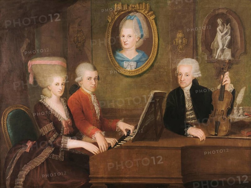 Wolfgang Amadeus Mozart with his sister Maria Anna Nannerl and father Leopold, on the wall a portrait of his dead mother Anna Maria, c. 1780, digitally edited after a painting by Croce