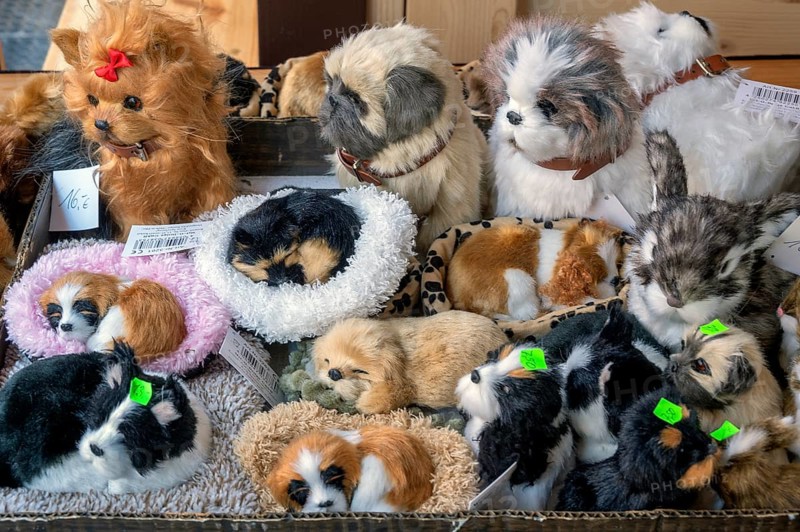 Stuffed animals, cats and dogs, Made in PRC, made in the People's Republic of China, at the Christmas market, Kempten, Allgäu, Bavaria, Germany, Europe