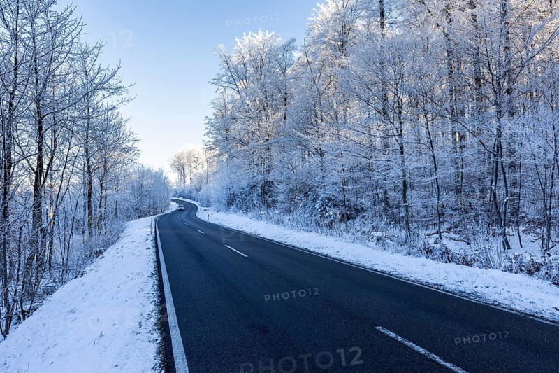 Snow-covered road winds through a wintry forest, hoarfrost in Unterallgäu, Bavaria, Germany, Europe