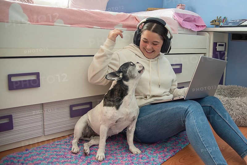 A teenager enjoys a moment of leisure in her room, working on her laptop and playing with her dog, creating an atmosphere of tranquility and happiness, tarragona, spain