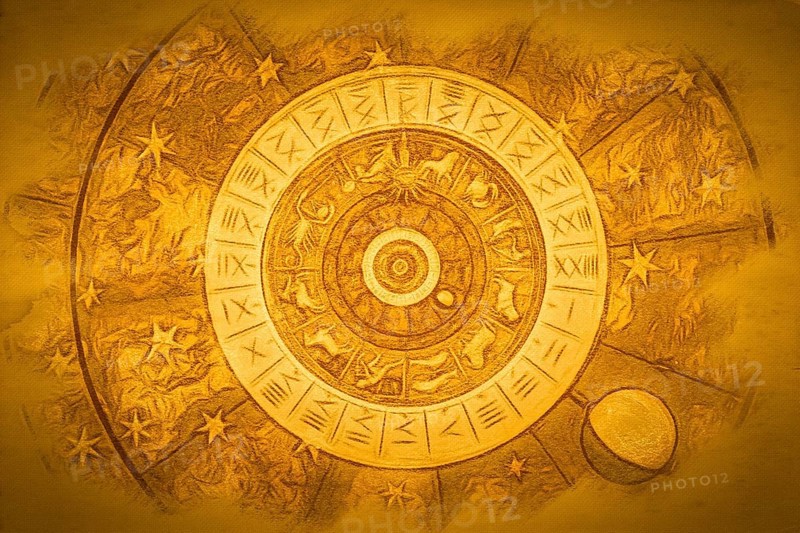 Astrological zodiac background. Vintage illustration art, grunge design. Concept of destiny, fortune, esoteric, magic, mysterious