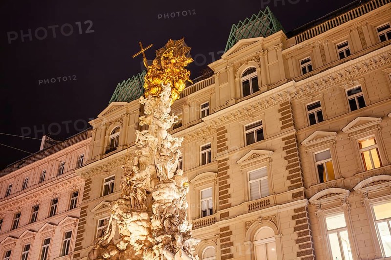 Plague column on the Graben, night shot, Vienna, Austria, Europe