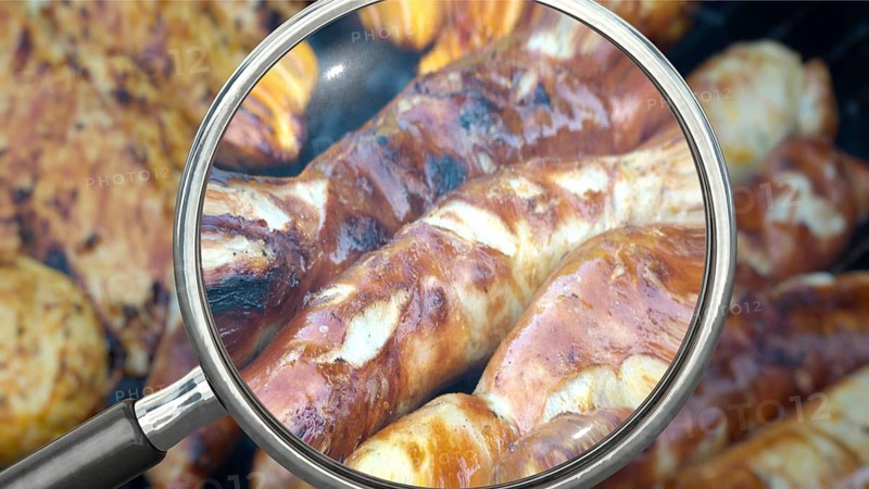 Symbolic image on the subject of control, quality, check, test, etc. of grilled meat and sausages