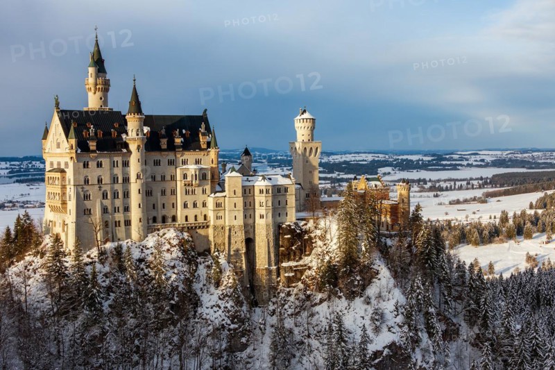 Panoramic view of Neuschwanstein Castle in winter. Germany, Bavaria
