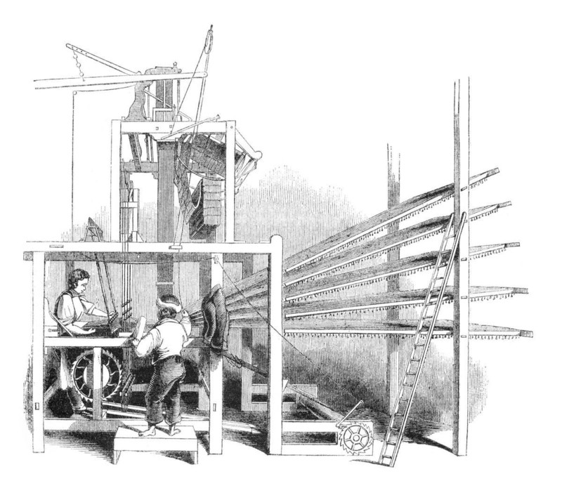 A Day at a scotch carpet-factory in Glasgow: Brussels carpet-loom. Engraving from a british magazine printed in 1843