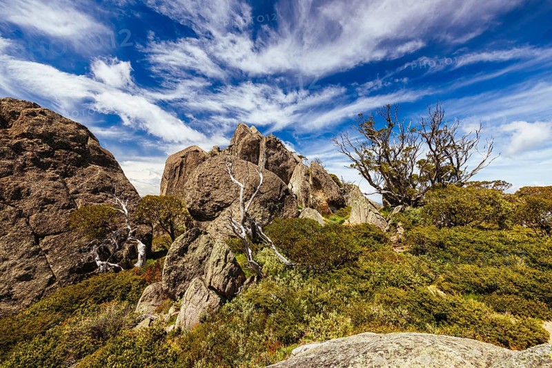 Landscape views at the summit of Porcupine Rocks on the Porcupine Walking Track on a summer's day in Kosciuszko National Park, Snowy Mountains, New South Wales, Australia, Oceania