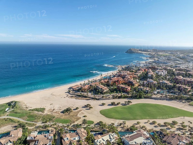 Aerial view of luxury golf course on the pacific ocean in Los Cabos, Cabo San Jose, Mexico, Central America