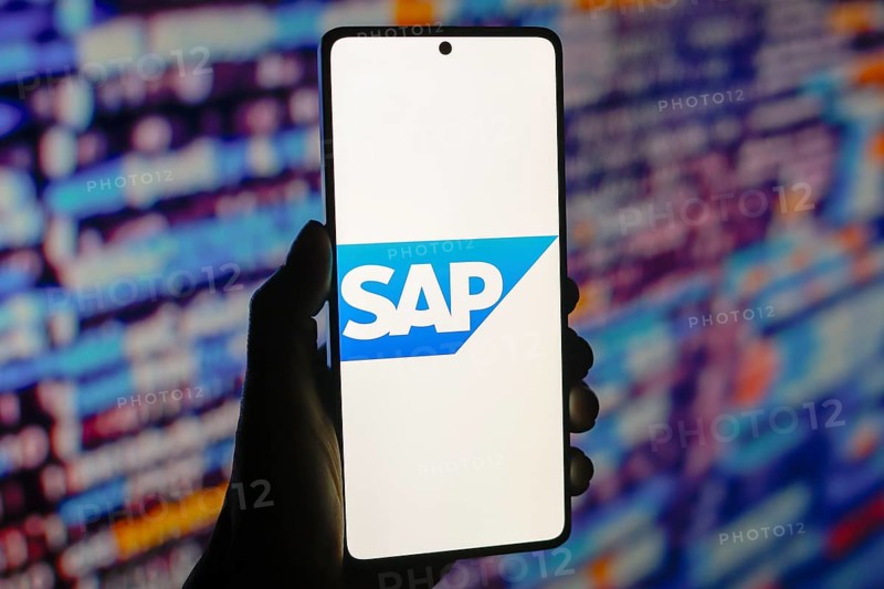 In this photo illustration, the SAP logo is displayed on a smartphone screen