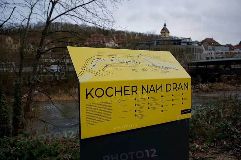 Information board on river restoration, water protection, biodiversity, fish fauna, aquatic ecology, water, watercourses, Kocher valley, Kocher, Schwäbisch Hall, Hohenlohe, Germany, Europe