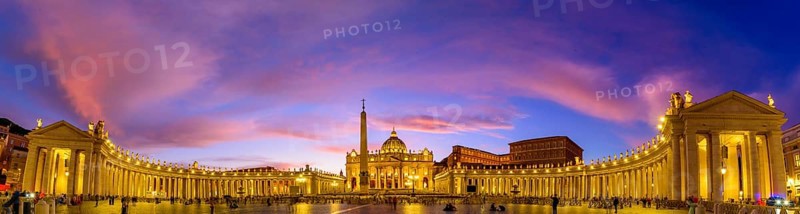 Panoramic view of St. Peter's Basilica and Square in Vatican City at sunset time