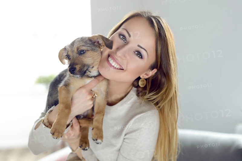 Pretty happy young woman with her pet dog held up to her cheek in her hands in a natural tender portrait indoors on a sofa
