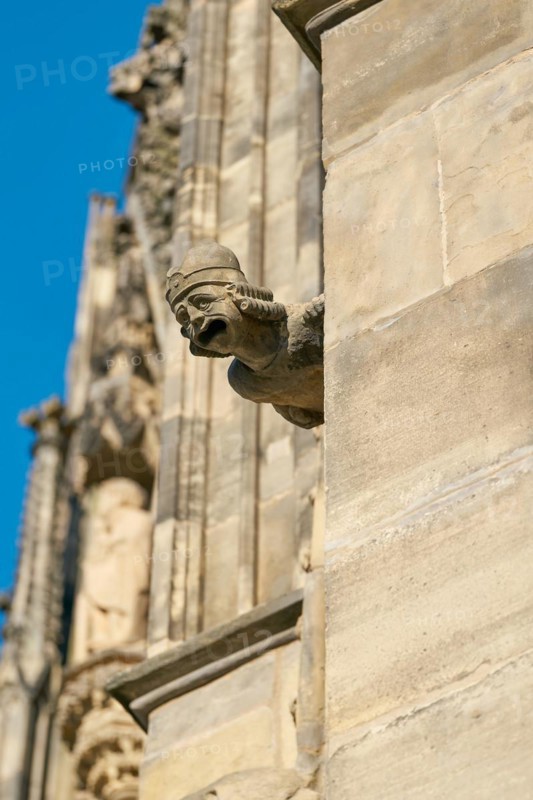 Sandstone gargoyle on the medieval façade of Magdeburg's Gothic cathedral