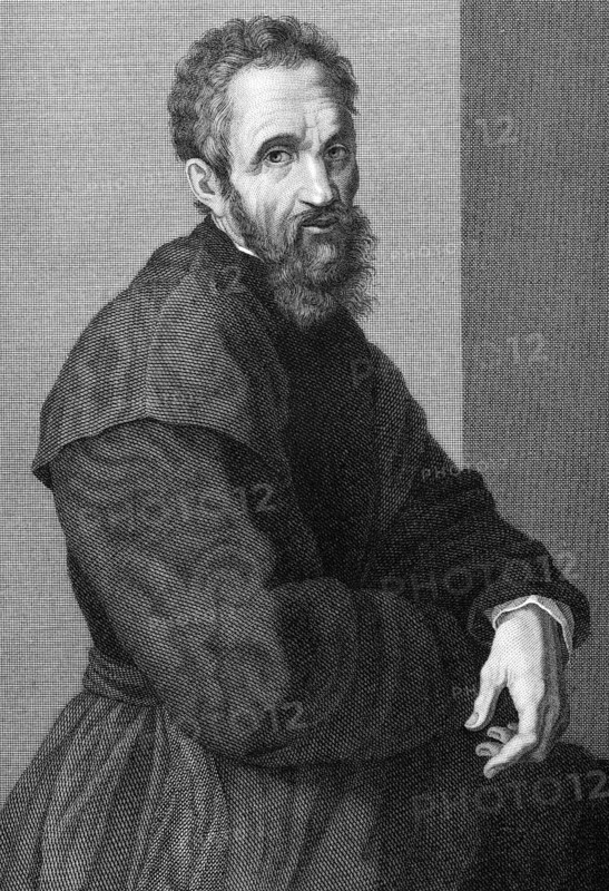 Michelangelo (1475-1564) on copper engraving from 1841. Italian Renaissance painter, sculptor, architect, poet and engineer. Engraved by G.P.Lorenzi from a drawing by A.Tricca after a self portrait by Michelangelo