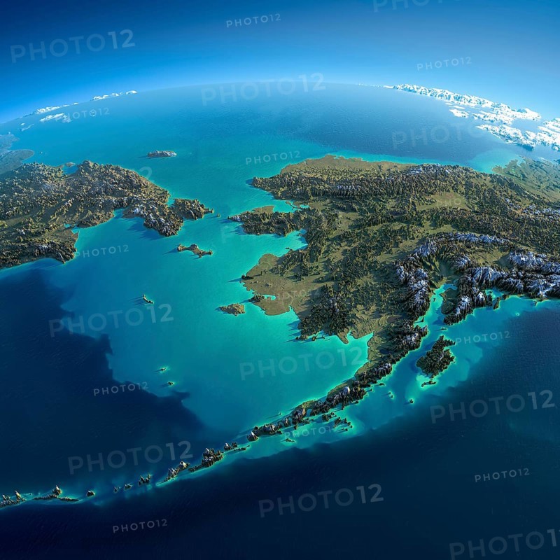 Highly detailed planet Earth in the morning. Exaggerated precise relief lit morning sun. Detailed Earth. Chukotka, Alaska and the Bering Strait. Elements of this image furnished by NASA
