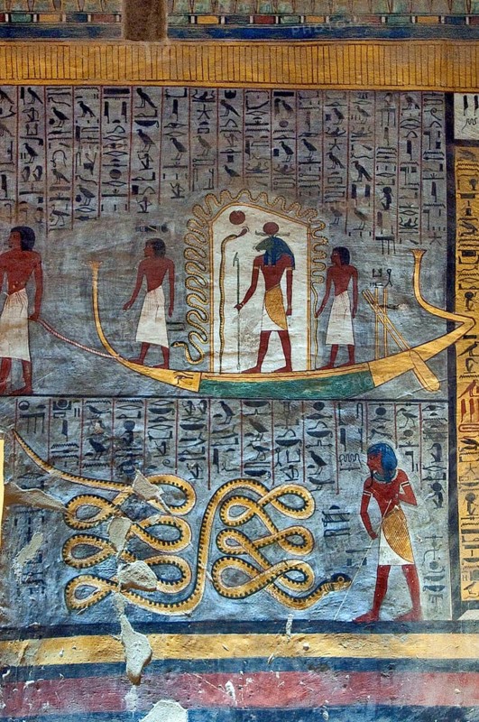 Wall painting, sun barque, burial chamber of Ramses I, tomb number KV 16, tomb, Valley of the Kings, West Thebes, Luxor, Egypt, Africa