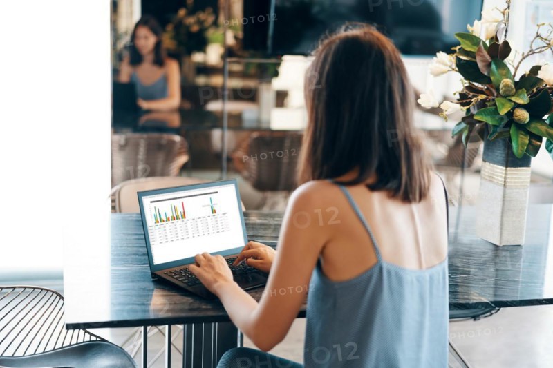 Back view of young businesswoman working on laptop at modern home. freelance concept