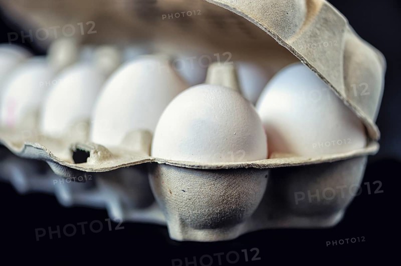 10 chicken eggs in a transport carton against a black background