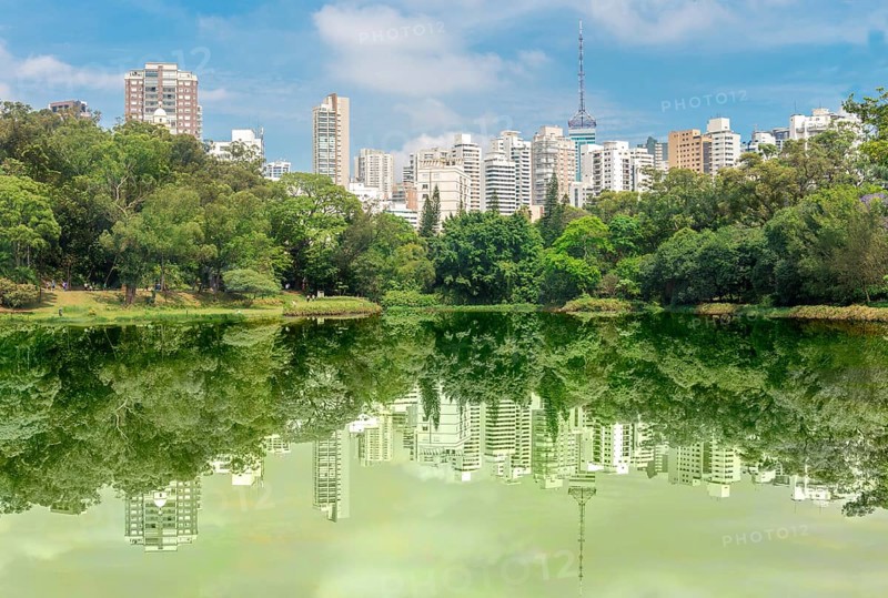 Sao Paulo, Brazil, October 15 2016: The buldings and forest reflection over the lake at the Aclimacao Park in Sao Paulo, South America